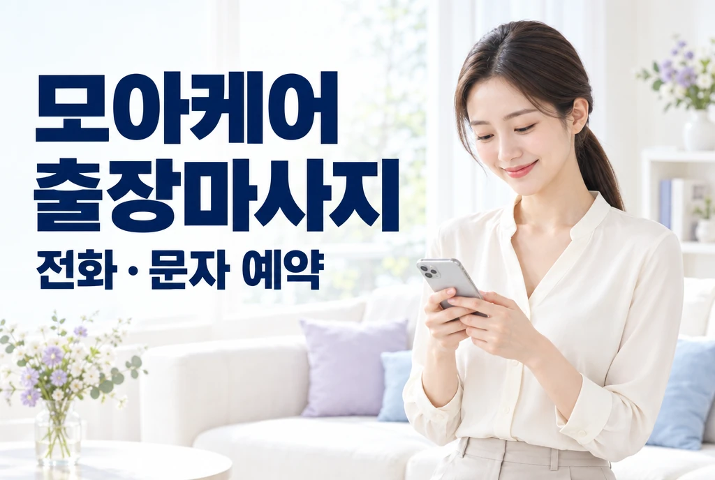 모아케어 출장마사지 전화·문자 예약 안내와 휴대전화를 든 여성 모델